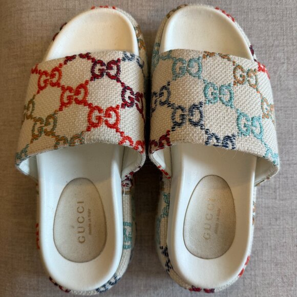 Gucci GG Multicolor Canvas Platform Slide Sandals - Picture 1 of 5